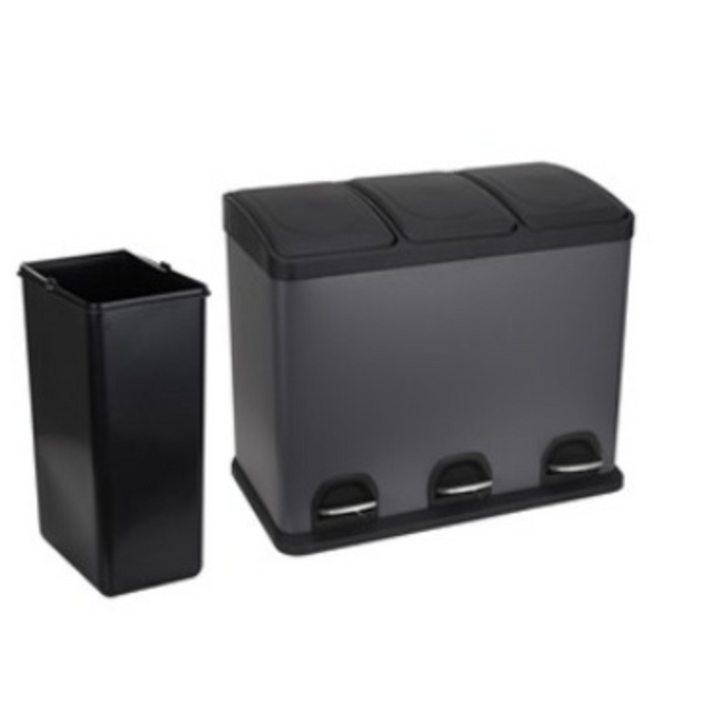 45L Kitchen & Office Pedal Bin Triple Compartment Stainles Steel Recycling 3x15L
