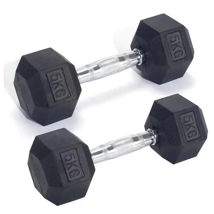 Hex Dumbbells Set 5kg Pair Ergo Hand Weights Rubber Encased Hexagonal Gym