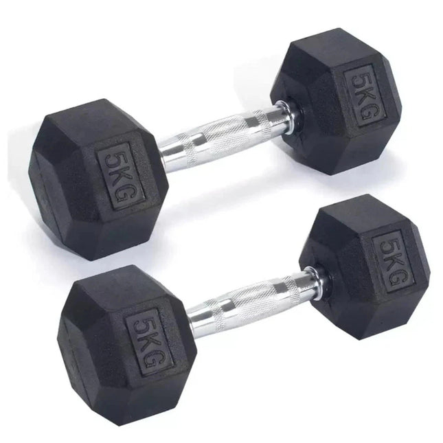 Hex Dumbbells Set 5kg Pair Ergo Hand Weights Rubber Encased Hexagonal Gym
