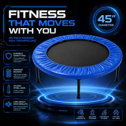Mini Fitness Trampoline Blue Cardio Workout Exercise Portable Rebounder 45 Inch