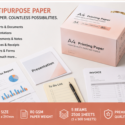 A4 Printer Paper White 80gsm 5-Ream 2500 Sheets Multipurpose Inkjet Laser Copier