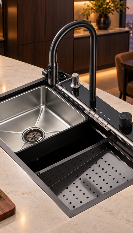 Stainless Steel Waterfall Kitchen Sink Single Bowl 78x48cm Kitchen Workstation