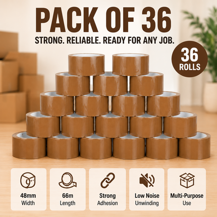 Parcel Tape 48mm X 66m Strong Heavy Duty for Secure Box Packing 36-Rolls Brown