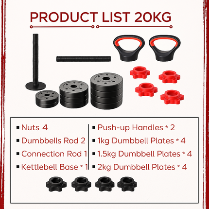Adjustable Dumbbell Set 20KG  Barbell Kettlebell Home Gym Workout Kit 6-in-1