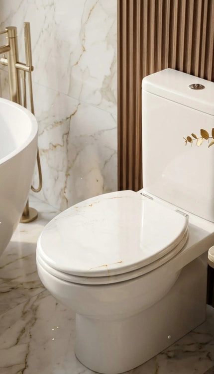 Universal Toilet Seat Gold Vein Marble Design Easy Fit WC Seat With Fitting 18"