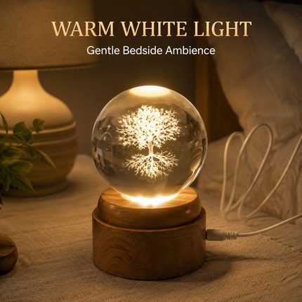 Tree of Life Crystal Ball 8cm LED Night Light Rotating Base USB Warm White + RGB