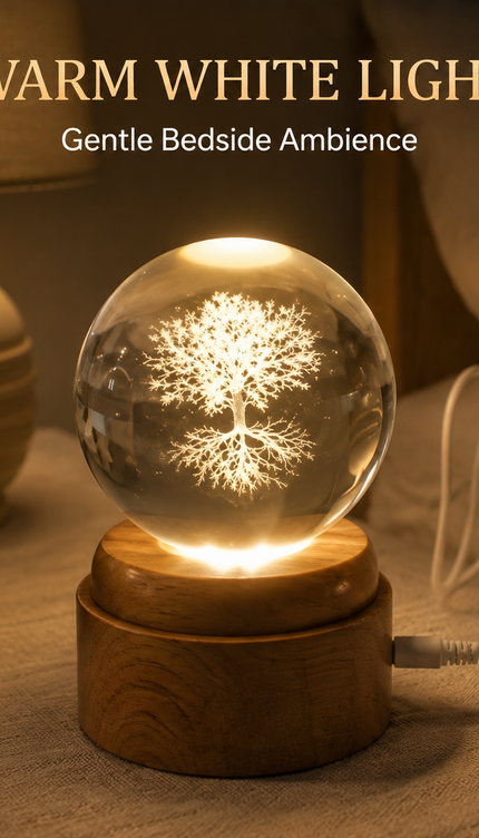 Tree of Life Crystal Ball 8cm LED Night Light Rotating Base USB Warm White