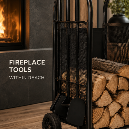 Firewood Log Cart Wheeled with 3 Tools Black Steel Fireplace Log Holder Set