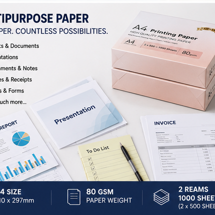 A4 Printer Paper White 80gsm 2 Reams 1000 Sheets Inkjet Laser Copier