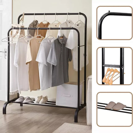 Double Clothes Rail Heavy Duty Garment Rack with Shoe Storage Display Stand