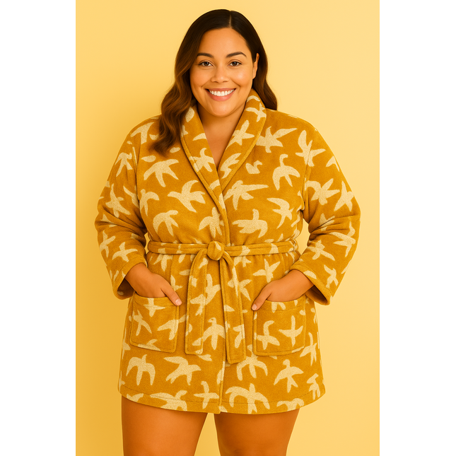 Medium Yellow & White Unisex Cotton Terry Bathrobe Gown Soft Spa Robe Men Women