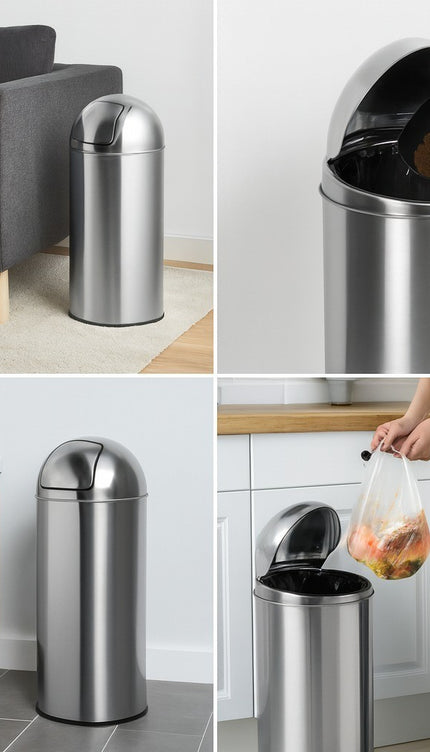 50L Stainless Steel Trash Bin Cylindrical Waste Can Swing Lid Indoor Outdoot