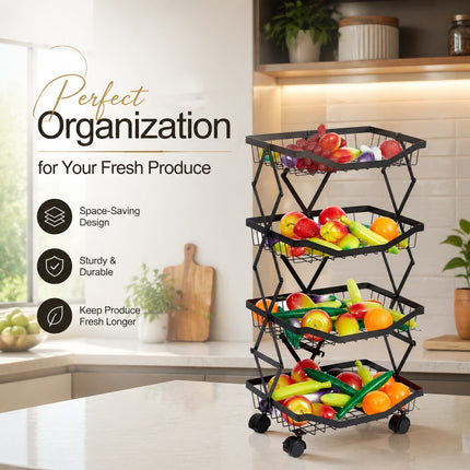 4 Tier Folding Rolling Fruit & Vegetable Storage Trolley Kitchen Cart With Wheel