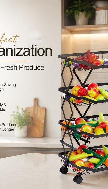 4 Tier Folding Rolling Fruit & Vegetable Storage Trolley Kitchen Cart With Wheel
