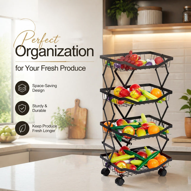 4 Tier Folding Rolling Fruit & Vegetable Storage Trolley Kitchen Cart With Wheel