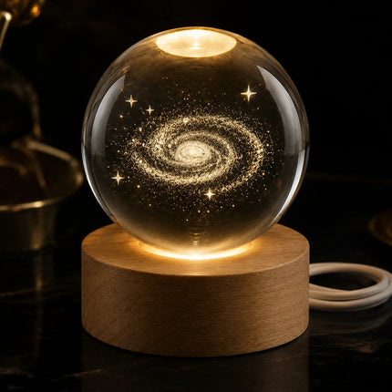 3D Engraved Galaxy Crystal Ball Night Light 6cm USB Wooden Base Warm White + RGB