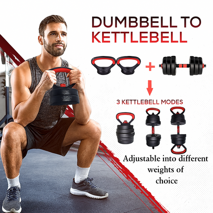 Adjustable Dumbbell Set 20KG  Barbell Kettlebell Home Gym Workout Kit 6-in-1
