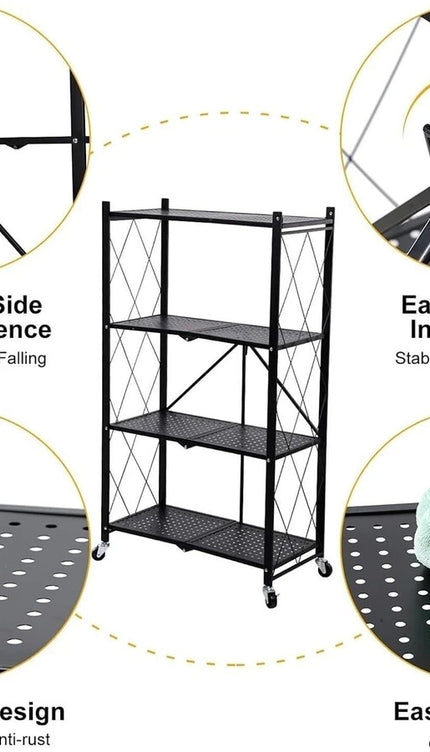 Foldable Metal Storage Shelf Rack with Wheels – 3/4/5 Tier, Black