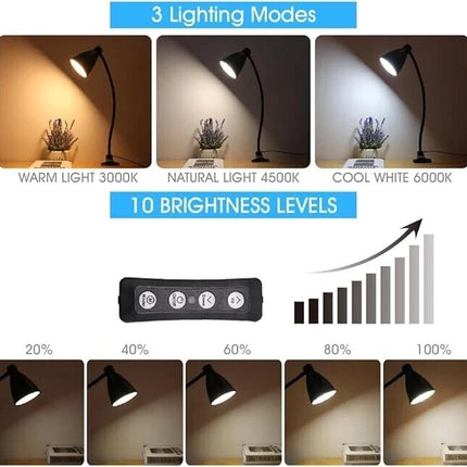 LED Desk Lamp Clip On Reading Light 8W Eye Care Flexible 10 Brightness Levels