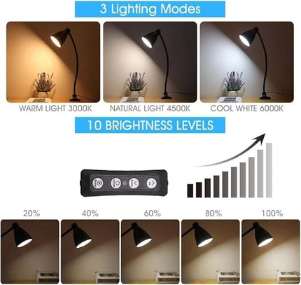 LED Clip Reading Lamp with Flexible Neck & 10 Brightness Levels