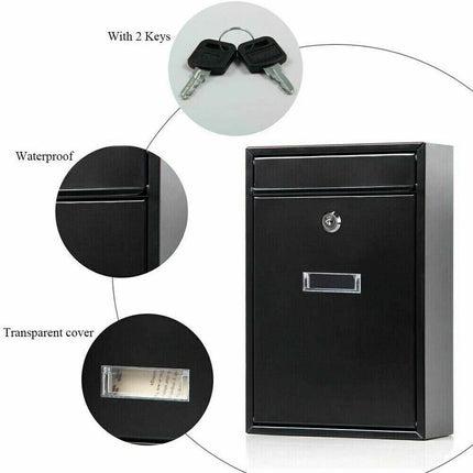 LARGE LETTER BOX POST WITH KEYS MAIL BOX WALL MOUNTED BLACK LOCKABLE POST BOX