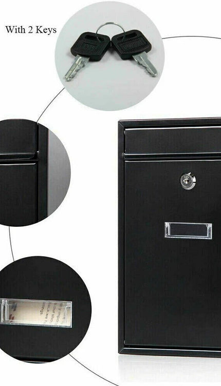 LARGE LETTER BOX POST WITH KEYS MAIL BOX WALL MOUNTED BLACK LOCKABLE POST BOX