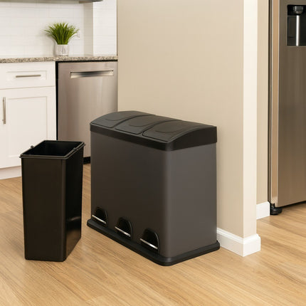 45L Kitchen & Office Pedal Bin Triple Compartment Stainles Steel Recycling 3x15L