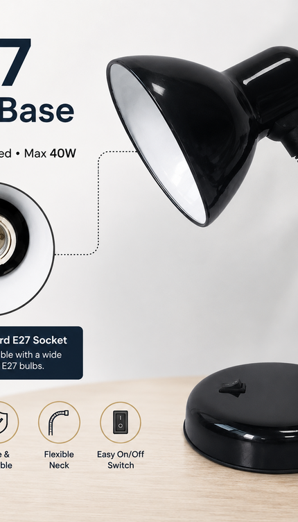 Black Flexible Neck Desk Lamp E27 40W for Study & Reading