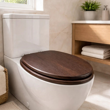 Universal Toilet Seat Dark Brown Wooden MDF Bathroom WC Easy Fit With Fittings