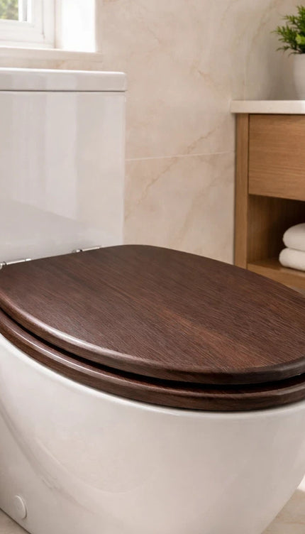 Universal Toilet Seat Dark Brown Wooden MDF Bathroom WC Easy Fit With Fittings
