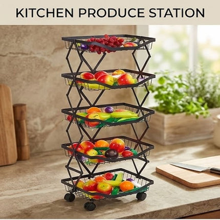 5 Tier Folding Rolling Storage Trolley Fruit & Vegetable Kitchen Cart With Wheel