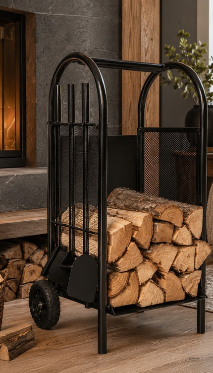 Firewood Log Cart Wheeled with 3 Tools Black Steel Fireplace Log Holder Set