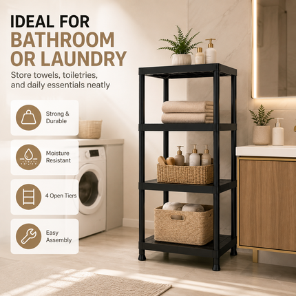 4-Tier Black Plastic Storage Shelf Rack - Home Garage Use