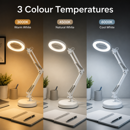 3X Magnifying Glass LED Desk Lamp Stepless Dimmable 3 Colour Swing Arm