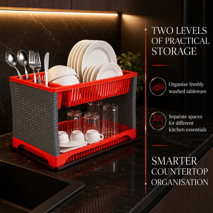 Dish Drainer Rack With Drip Tray 2 Tier Sink Drying Plate Bowl Cutlery Holder