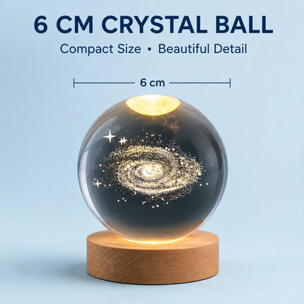 3D Engraved Galaxy Crystal Ball Night Light 6cm USB Wooden Base Warm White + RGB