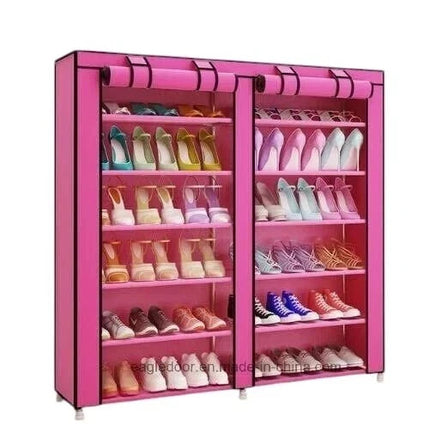 6 Tier Shoe Rack Pink Fabric Canvas Shelf Storage Cabinet Organiser 107 x 102cm