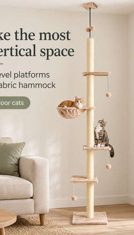 Floor to Ceiling Cat Tree 252cm Multi Level Sisal Scratching Post Hammock Toy