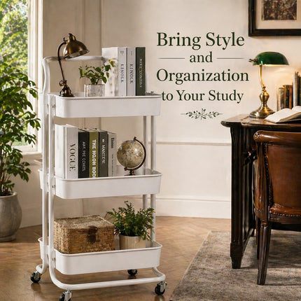 3-Tier White Metal Rolling Cart