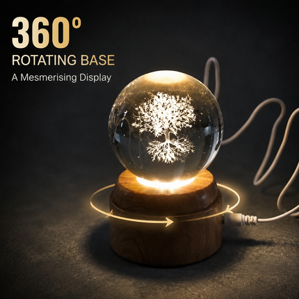 Tree of Life Crystal Ball 6cm LED Night Light Rotating Base USB Warm White + RGB