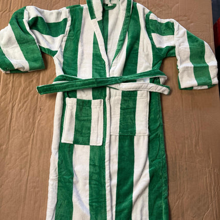 Medium White & Green Unisex Cotton Terry Bathrobe Gown Soft Spa Robe Men Women