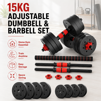 Adjustable Dumbbell Barbell Kettlebell  15KG  Weight Set 6 in 1 Home Gym