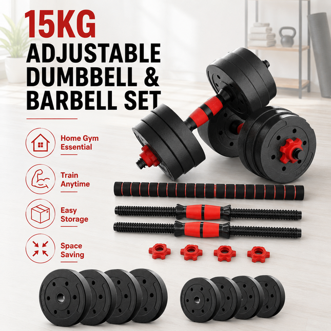 Adjustable Dumbbell Barbell Kettlebell  15KG  Weight Set 6 in 1 Home Gym