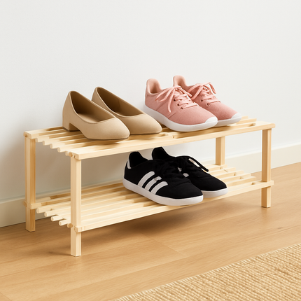 2 Tier Shoe Rack Organiser Natural Slatted Wood Footwear Stand Storage Shelf