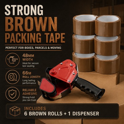 Tape Gun Dispenser with 6 Brown or Clear Packing Tape Rolls 48mm x 66m