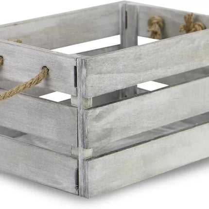 Wooden Storage Crates Set of 3 Bushel Box With Rope Handles Grey Vintage Basket