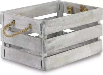 Wooden Storage Crates Set of 3 Bushel Box With Rope Handles Grey Vintage Basket