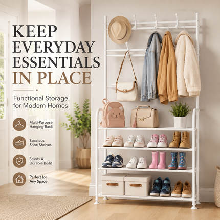 Coat Shoe Rack 5 Tier Entryway Storage Organizer Bench White