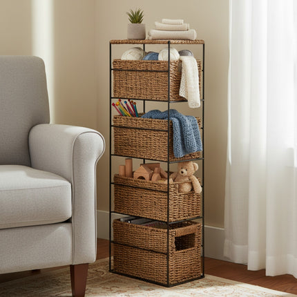 4 Drawer Slim Bathroom Storage Unit Natural Cabinet with Boxes & Shelves