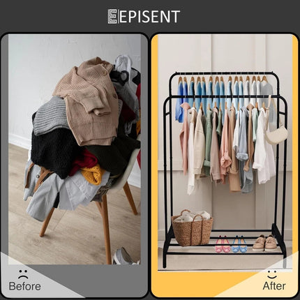Double Clothes Rail Heavy Duty Garment Rack with Shoe Storage Display Stand